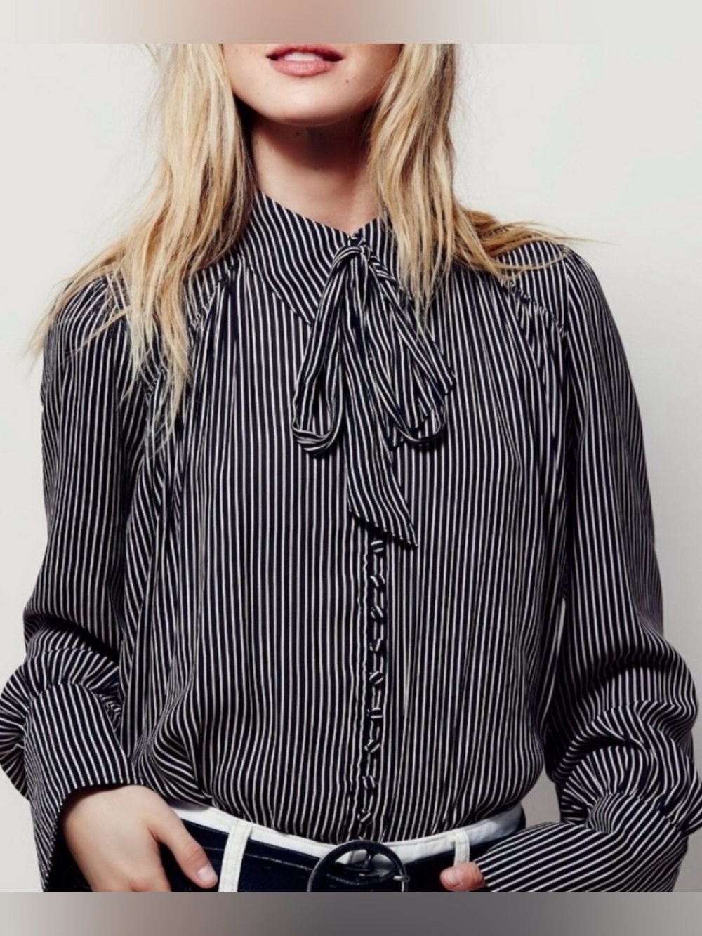 Free People | Black and White Pinstripe Tie-Neck Button Down Blouse